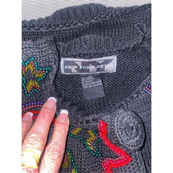 New York News Abstract Beaded Cardigan Vintage Sz. L Starburst Boxy, Y2K - Picture 10 of 11